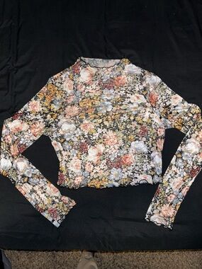 Floral Mesh Long-Sleeve Crop Top Mock Neck - Multi Color Small